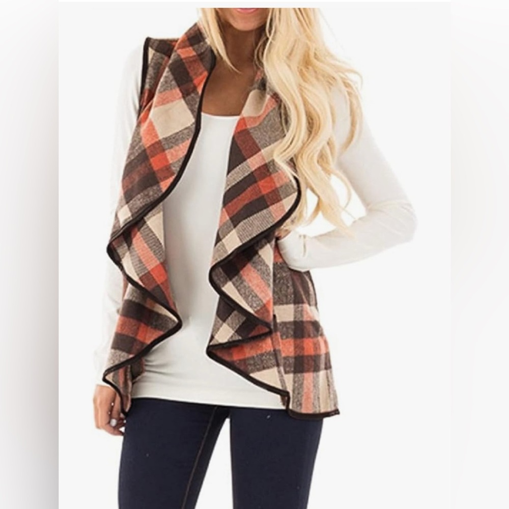 NEW WITH TAGS Women’s Plaid Open-Front Sleeveless Cardigan with Pockets